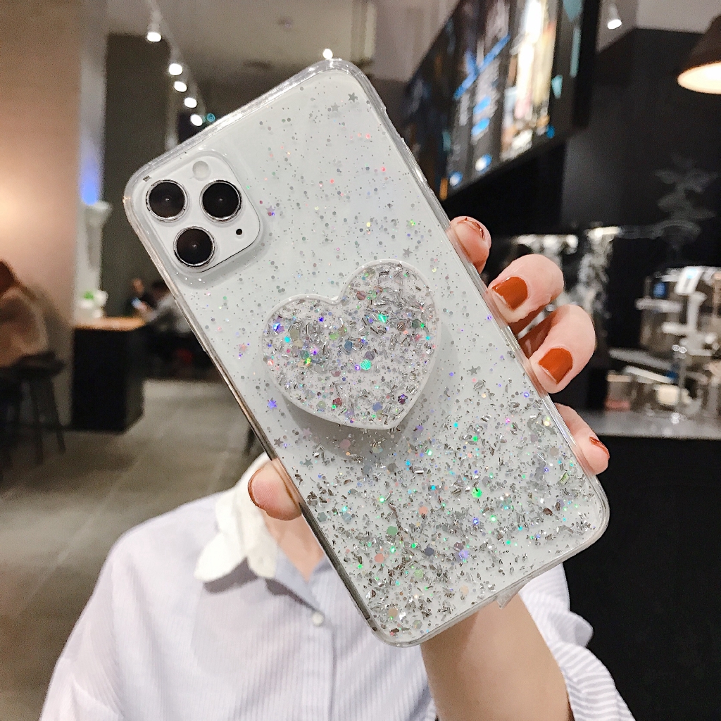 Vivo Y20S Y30i Y30 Y50 V19 Y11 Y12 Y17 Y91 Y93 Y95 V17 V15 Z1 Pro Glitter Soft Case with Heart Phone Stand