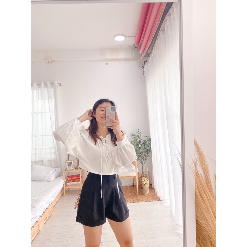 Áo croptop tay phồng form rộng, đan dây braided shirt LUCETFASHION, áo kiểu nữ tay dài