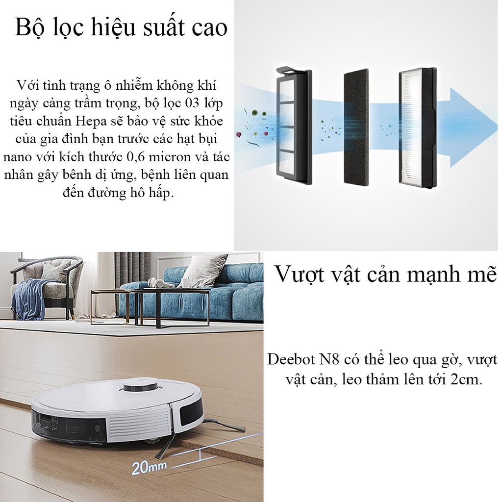 Robot Hút Bụi Lau Nhà Deebot OZMO N8 Pro - Robot Lau Nhà Sử Dụng Tiếng Việt , Lực Hút 2600pa , Tránh Vật Cản Tự Động