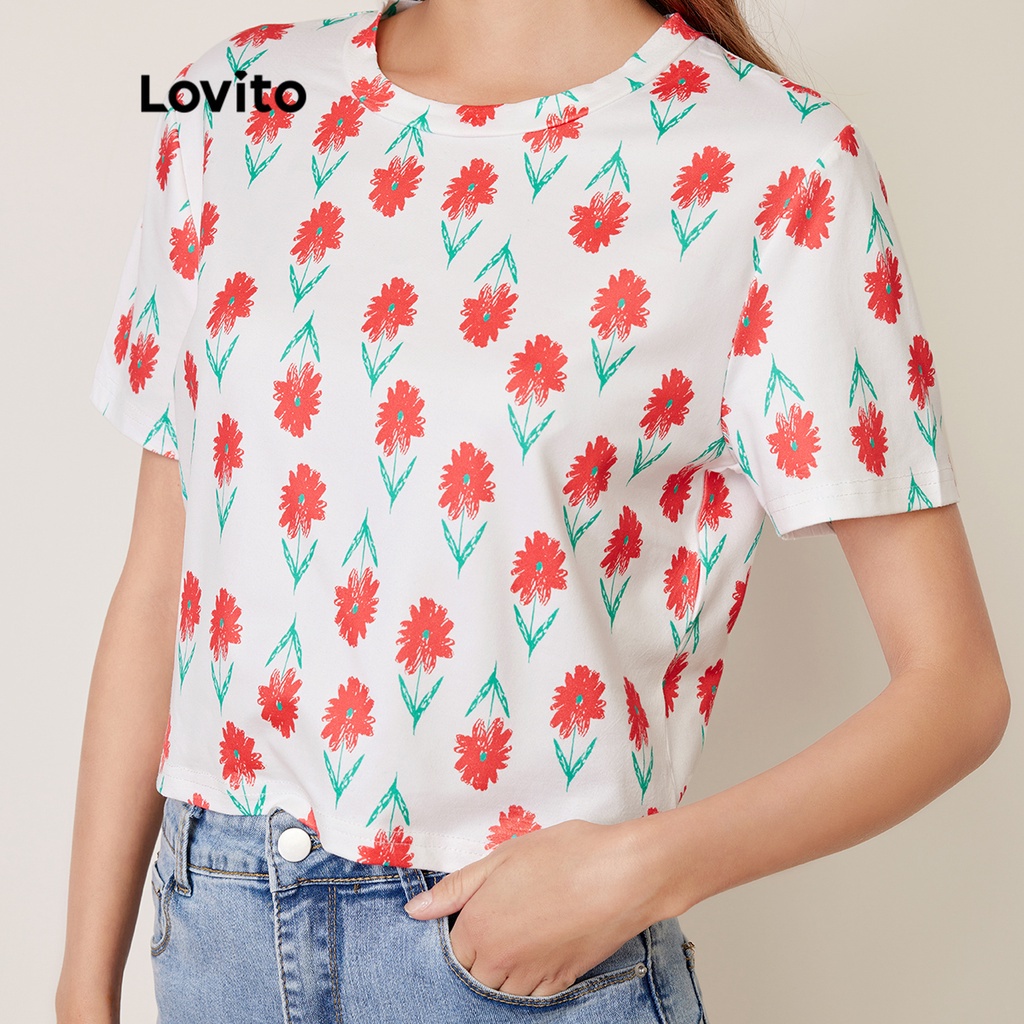 Áo thun Lovito mềm in hoa co giãn mạnh thường ngày L27ED010 (nhiều màu)