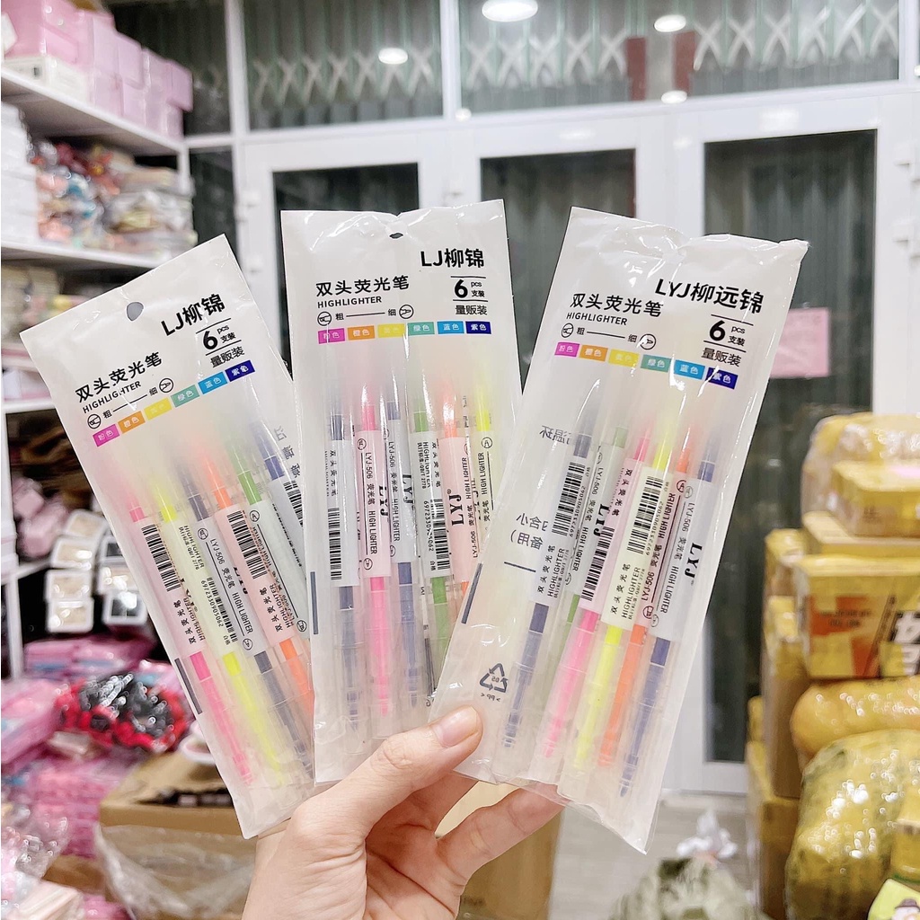 Set 6 bút dạ quang hai đầu 6 màu dễ thương, bút highlight