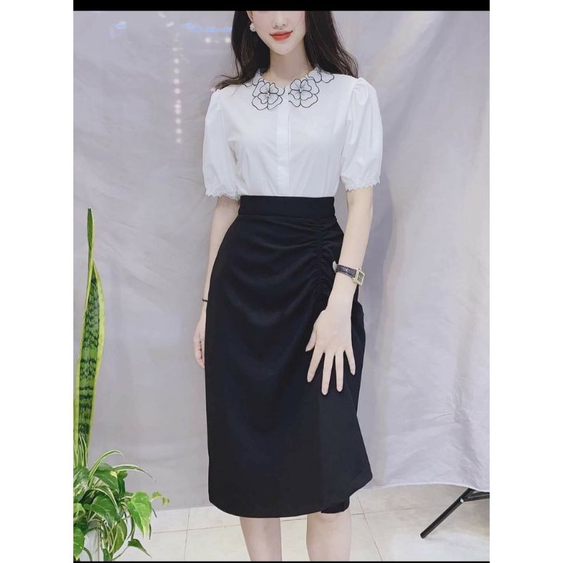 Đồ công sở áo trắng viền hoa nổi + chân váy đen rút dây siêu đẹp ( có bán rời)