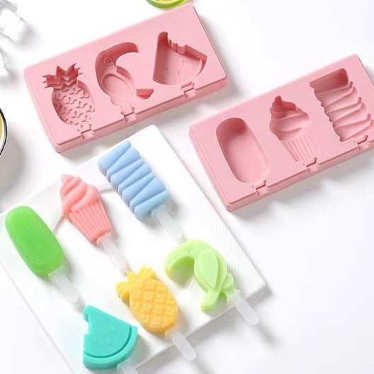 Khuôn làm kem bằng silicone có nắp đậy, nhiều hình dễ thương + Tặng kèm que kem