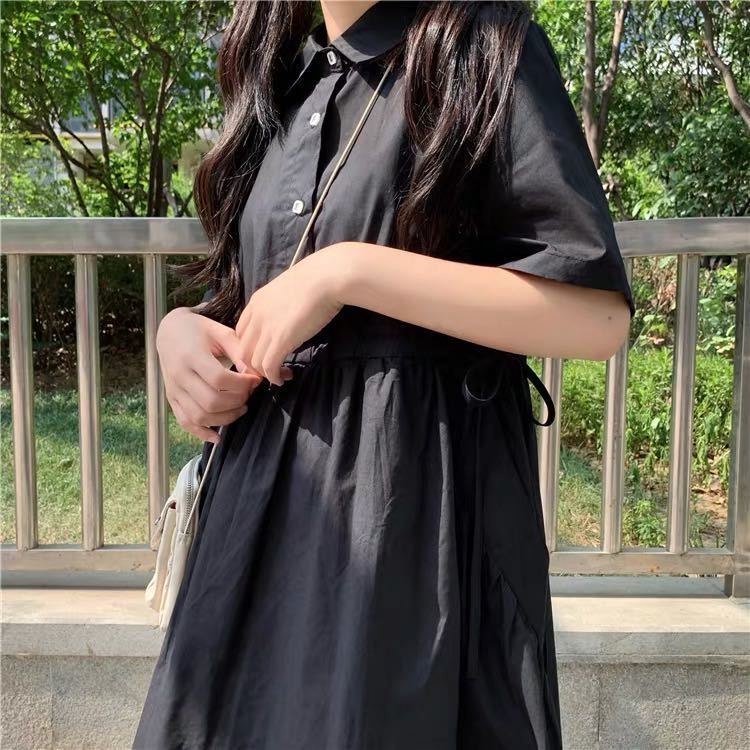 Đầm Tay Ngắn Cổ POLO Màu Đen Phối Dây Rút Thời Trang Mùa Hè Phong Cách Nhật Bản Cho Nữ