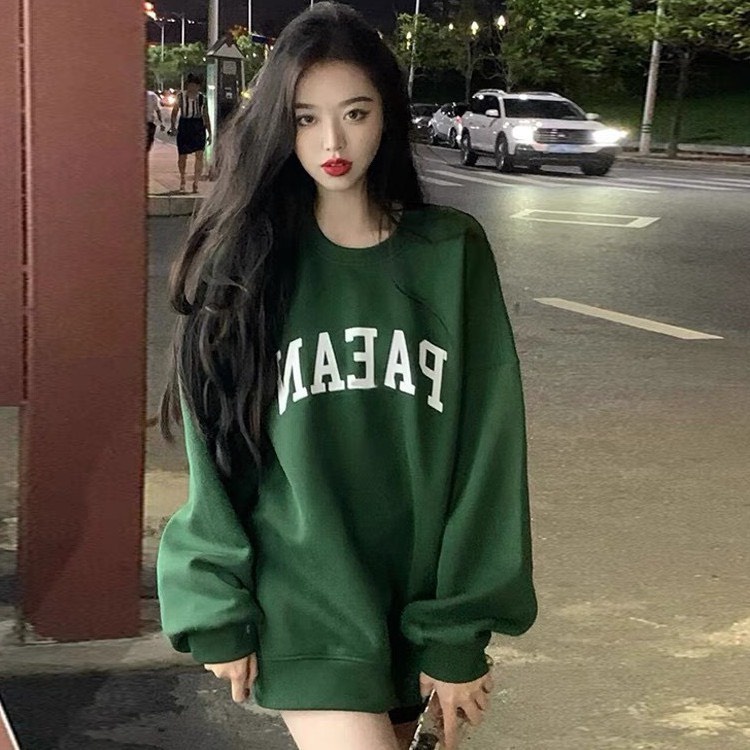 Áo sweater họa tiết chữ PAEAN / Áo thun nam nữ cổ tròn tay dài màu xanh mặc đôi mặc nhóm_ranstore