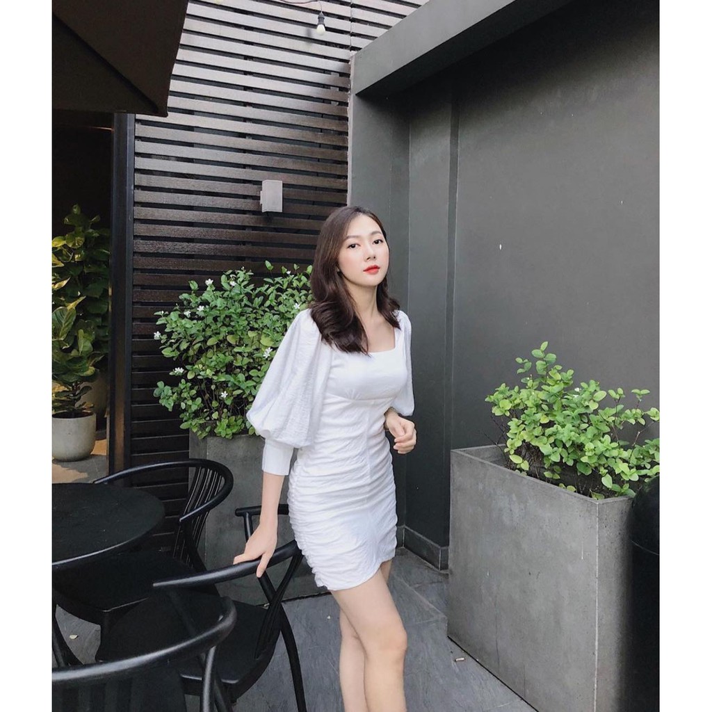 [Mã SKAMSALEP6 giảm 10% tối đa 100K đơn 150K] (HÌNH THẬT) Đầm Cổ Vuông Tay Phồng Thân Nhún CHICO (TRẮNG) | BigBuy360 - bigbuy360.vn