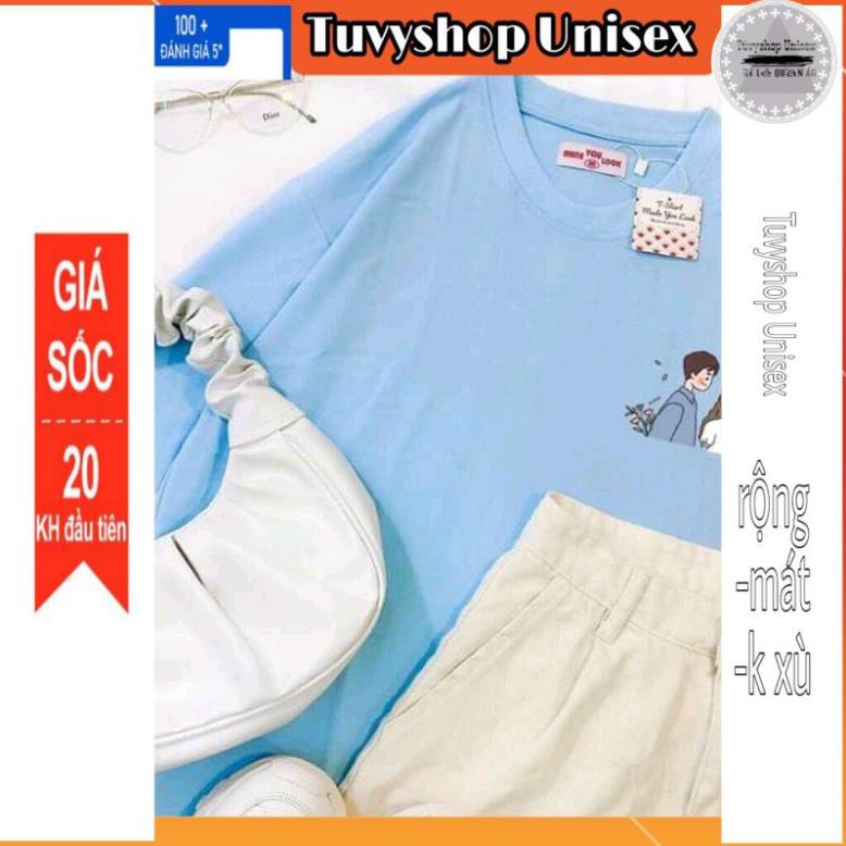 Áo phông nữ ⚡TUVYSHOP⚡ Áo cotton hút mồ hôi tay lỡ Unisex Đôi bạn oversize màu hồng