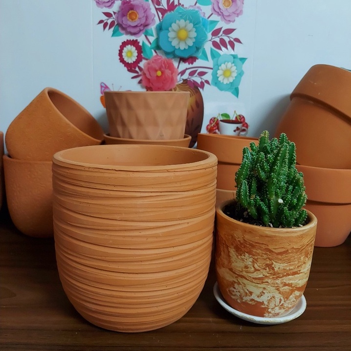 Chậu trồng cây, Chậu đất nung sọc sóng bất định Bông Garden trồng cây cảnh để bàn kt miệng 15,17cm cao 13,16cm