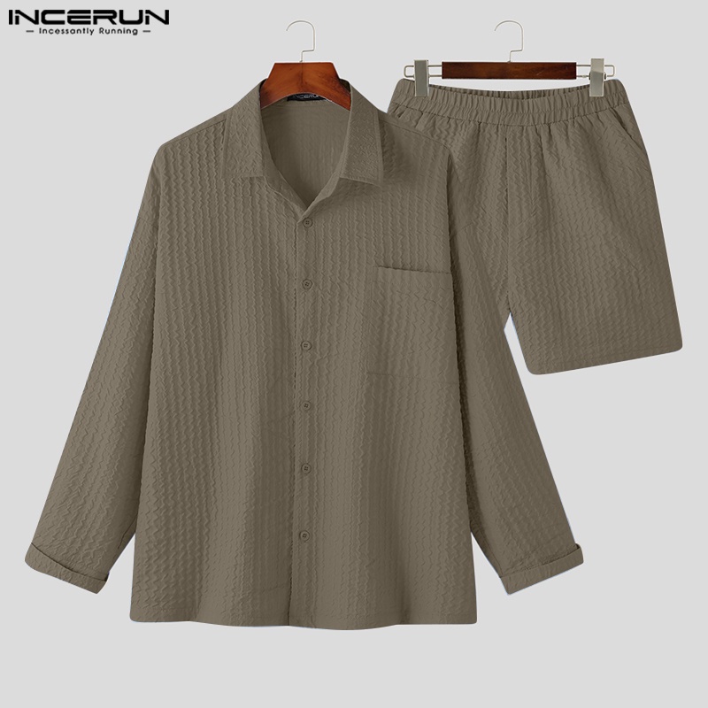 Set trang phục INCERUN áo thun dài tay có cổ + quần short ống rộng thời trang cho nam
