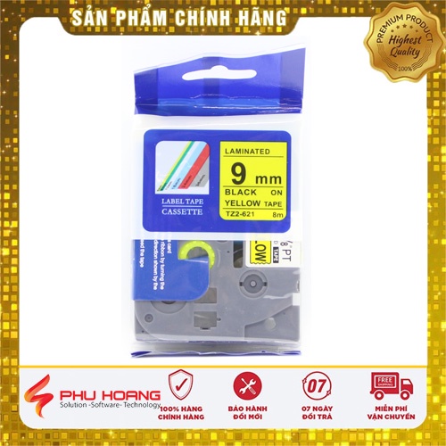 Nhãn in TZ2-621, Khổ rộng 9mm, chữ đen nền vàng , nhãn in đa lớp, bám dính cao.