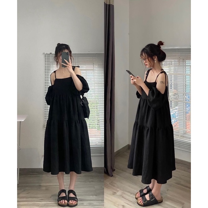 Váy babydoll dài thân đũi xốp tay bồng 2 lớp có thể tháo rời. Shyncloset