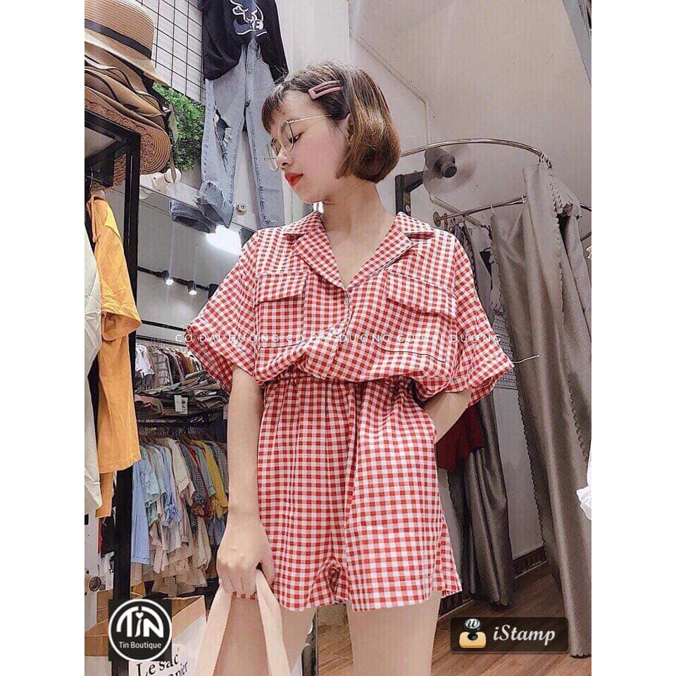 SET ĐỒ ÁO SƠ MI CỔ VEST MIX QUẦN ĐÙI CARO ĐEN ĐỎ ULZZANG