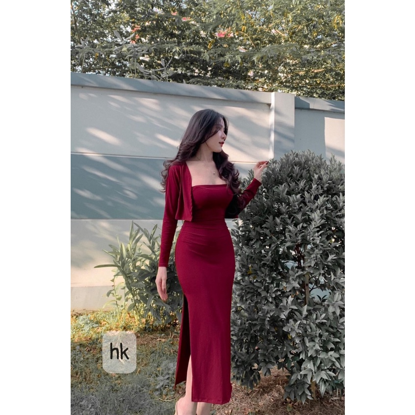 Set Đầm Cúp Ngực Nhún Kèm Áo Khoác Crtoptop