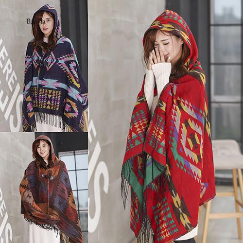 Bg BG BG Chất Lượng Cao✔Áo Choàng Poncho Có Nón Họa Tiết Hình Học Cho Nữ
