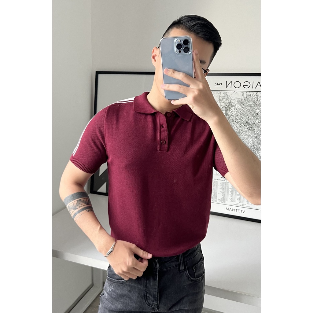 A/G Polo Dệt Kim Màu Beige Kết Hợp Sọc Trắng Hai Bên Vai Tinh Tế Thời Trang Thanh Lịch