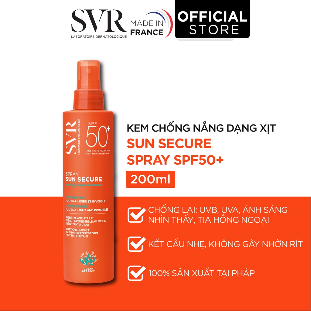 [Nhập SVRV50K giảm 50K] Chống nắng dạng xịt SVR Sun Secure Spray SPF50+ 200ml