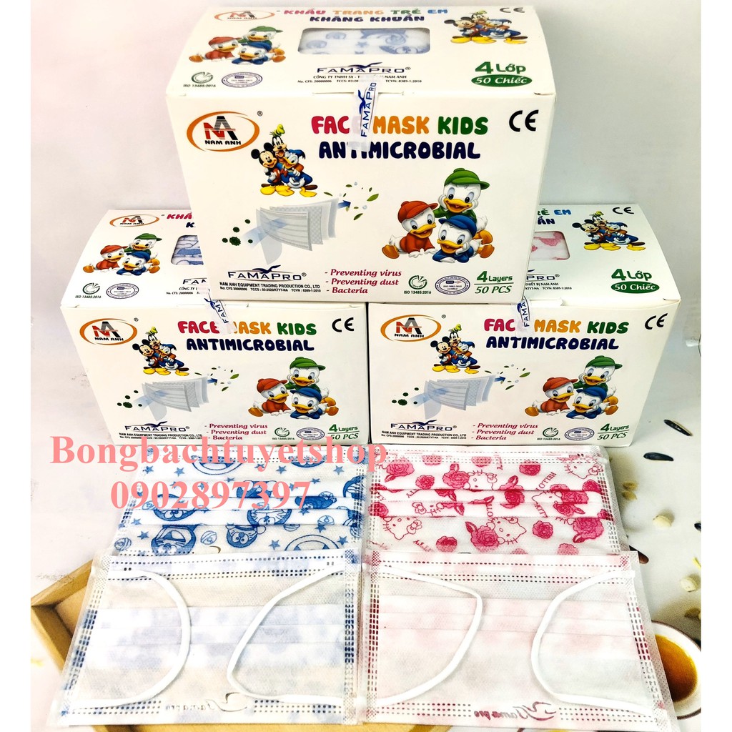 Khẩu Trang Em Bé Nam Anh 4 Lớp Kháng Khuẩn 50 cái/ hộp - Khẩu Trang Famapro cho bé Famapro