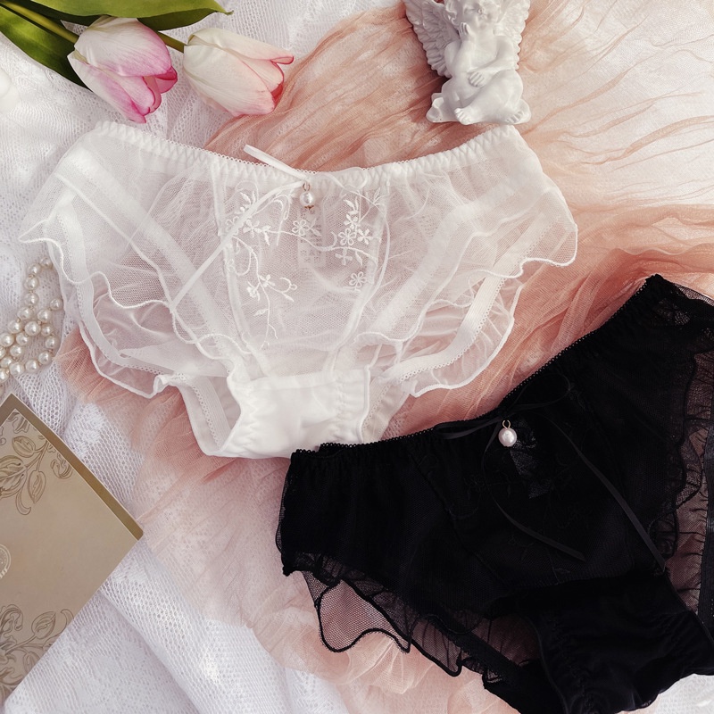 Quần lót lưng thấp 100% cotton thoáng khí phối lưới thêu họa tiết/ngọc trai/nơ dài phong cách Nhật Bản quyến rũ cho nữ