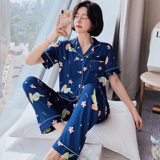 Bộ Pijama lụa mặc nhà áo cộc quần dài hoa xanh Quảng Châu cao cấp 26112