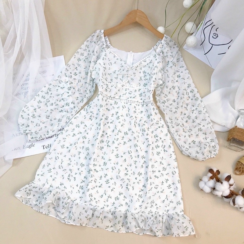 Đầm hoa nhí tay dài vintage tay phồng viền ren dáng ngắn xòe hoa xanh