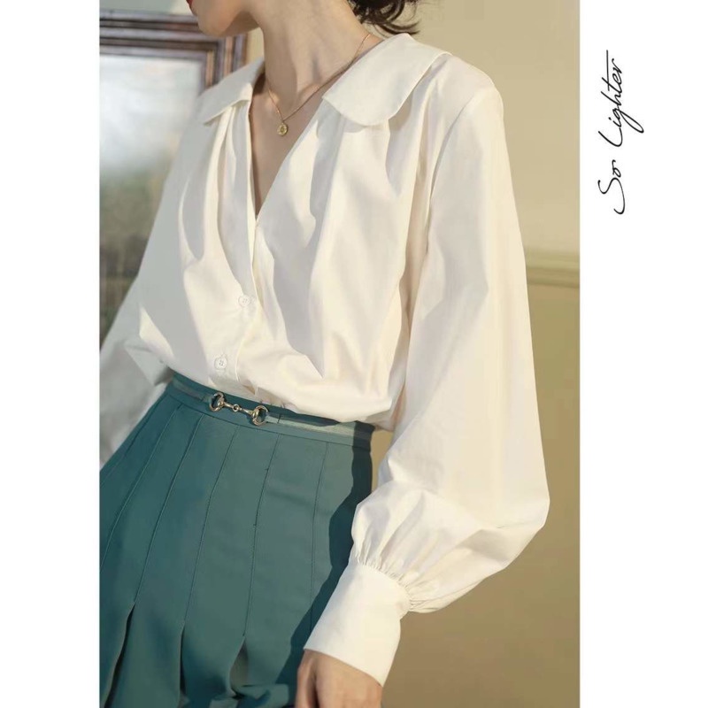 Áo Sơ Mi Cổ Búp Bê Tay Phồng Xinh Xắn Cho Nữ 178244 Áo Sơ Mi Form Rộng Theo Phong Cách Pháp Dễ Phối Đồ