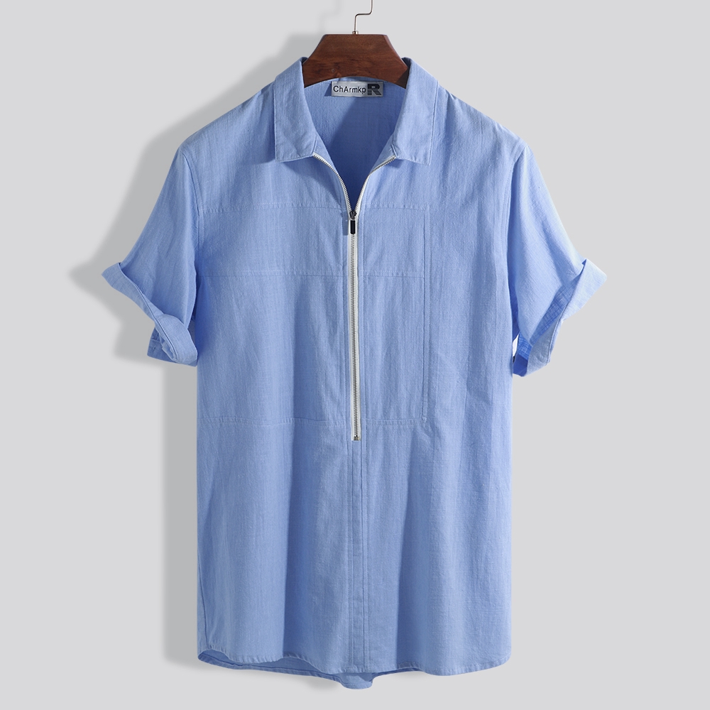 Áo Sơ Mi Cotton Ngắn Tay Dáng Rộng Phối Khóa Kéo Cá Tính Cho Nam