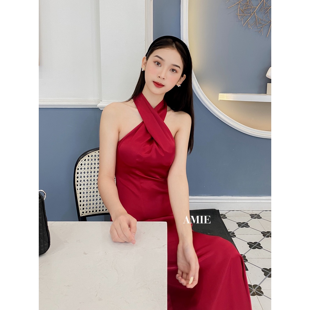 Đầm nữ AMIE thiết kế cổ chéo dáng dài thời trang cao cấp chất phi lụa sang chảnh D09