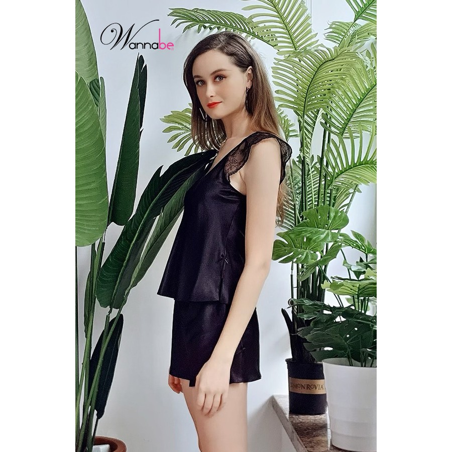 Đồ bộ mặc nhà phi lụa Wannabe bộ sọt bss06 tay áo phối ren nữ tính