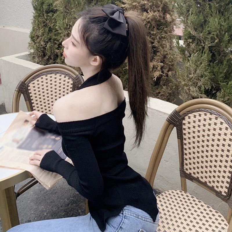 Áo dệt kim tay dài trễ vai màu sắc đơn giản phong cách Hàn Quốc cho nữ
