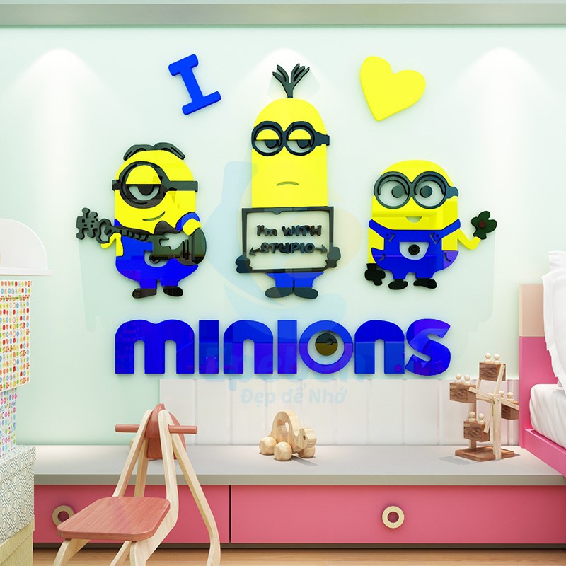 Tranh dán tường mica 3d decor khổ lớn kẻ cắp mặt trăng minions trang trí mầm non, phòng cho bé Nhiều Size - EPeBen