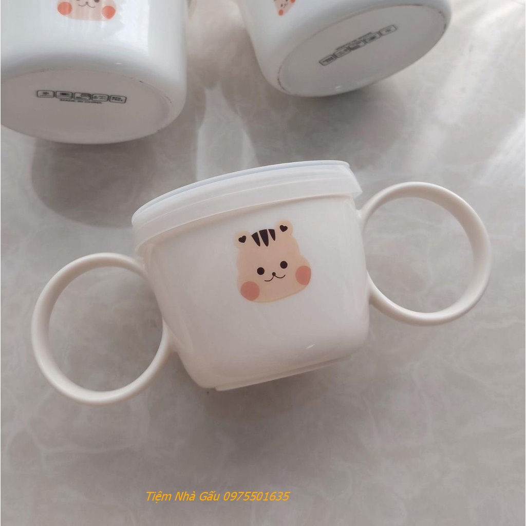 Cốc tập uống nước gấu thỏ tay cầm có 2 nắp thay thế cốc dùng cho bé ăn dặm kèm ống hút và cọ rửa ống hút