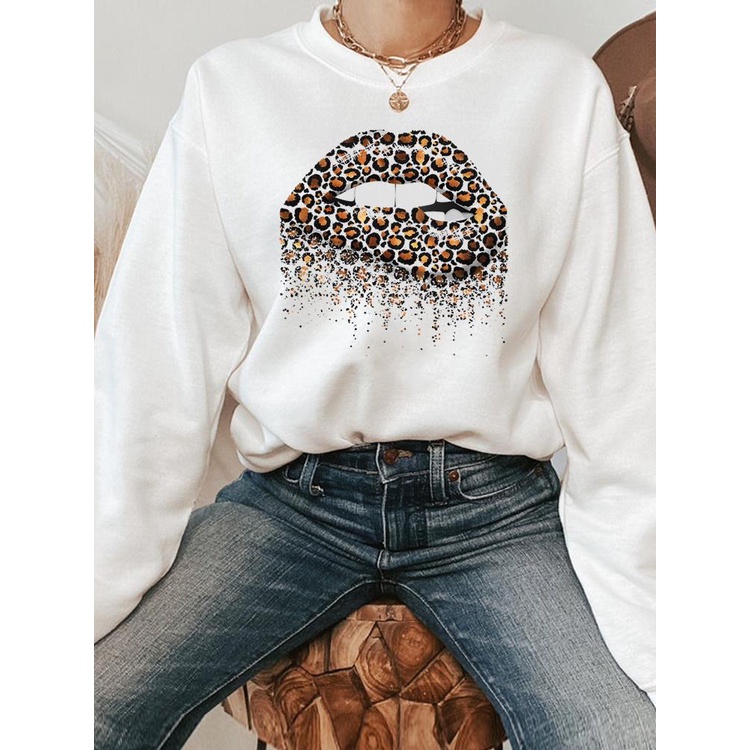 Áo Sweater Chui Đầu In Họa Tiết Đôi Môi Da Báo Thời Trang Xuân Thu 90s Cho Nữ