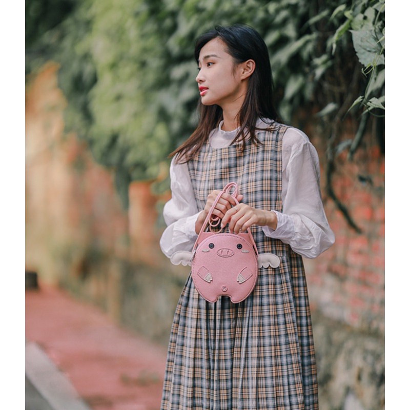 DIY bộ kit túi da đeo chéo Ulzzang tự may hình heo con đáng yêu nguyên liệu đầy đủ cắt sẵn làm quà tặng ý nghĩa lenmade