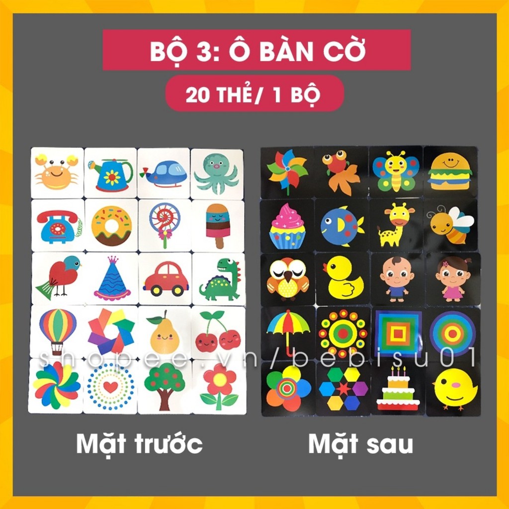 [Ko thấm nước] Bộ 20 Thẻ Kích thích Thị giác và Não phải cho bé từ 0-36 tháng, Khổ 21x21cm, In 2 mặt