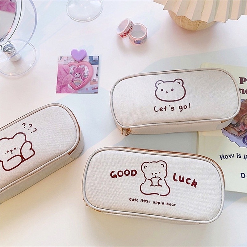 1 Túi Đựng Bút Bằng Vải Oxford Sức Chứa Lớn In Hình Gấu Hoạt Hình Đơn Giản Dễ Thương Dành Cho Học Sinh