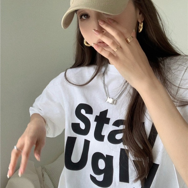 Áo Thun Nữ Tay Ngắn Cổ Tròn In Chữ Phong Cách Hàn Quốc