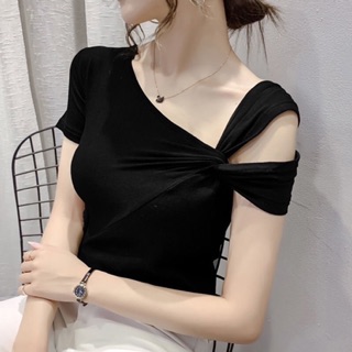 Áo nữ cộc tay xoắn vai chất zip cotton thấm hút mồ hôi tốt