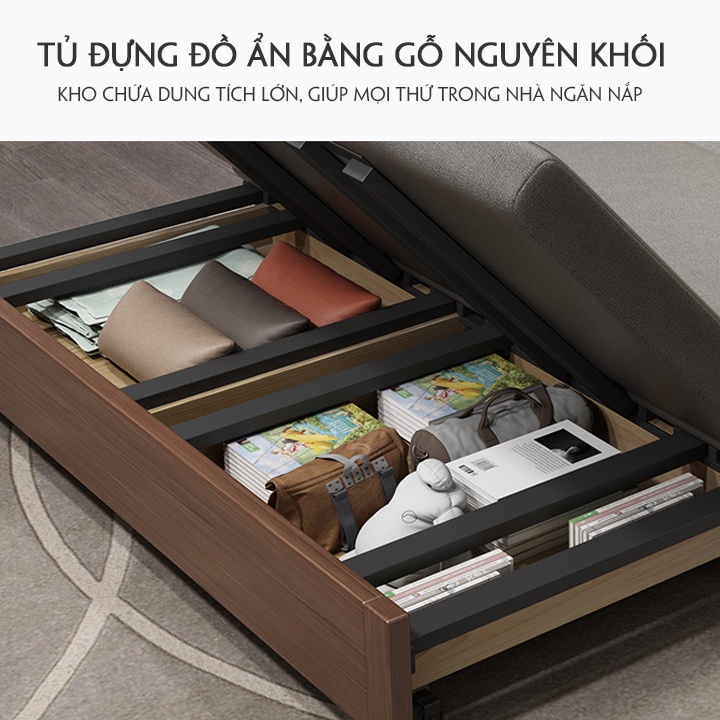 Giường sofa tay gỗ đa năng có hôc chứa đồ. Chất liệu khung thép tĩnh điện bọc vải nano chống thấm cao cấp