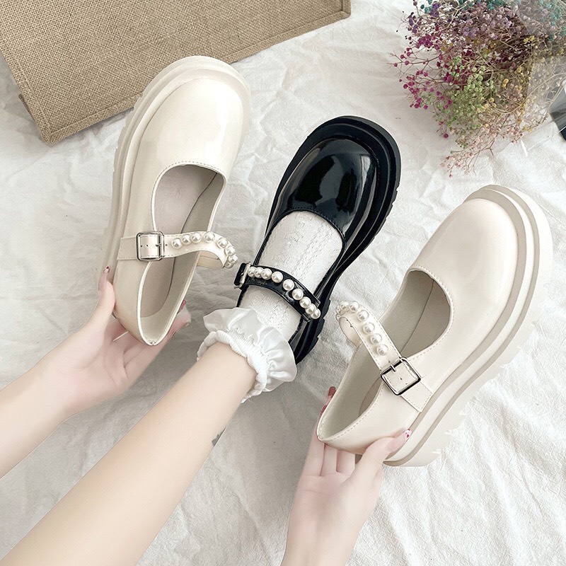 Giày búp bê lolita nữ đế cao cao cấp ulzzang mũi tròn phối quai ngọc xinh mã D36