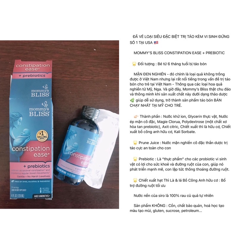 Dung dịch CONSTIPATION EASE + PREBIOTIC hữu cơ Mommy Bliss  date T9/2024