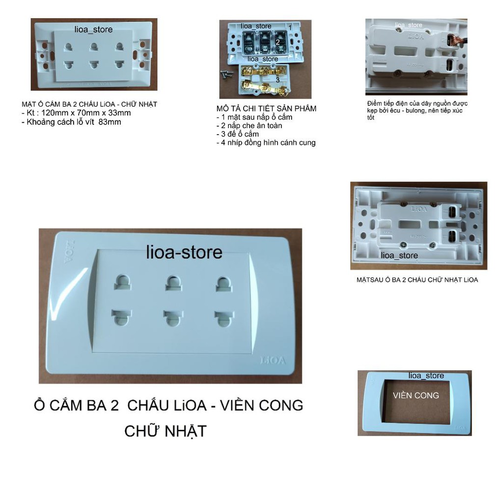 Ổ CẮM ( ĐƠN,ĐÔI,BA ) 2 CHẤU CHỮ NHẬT LiOA ( VIỀN CONG)