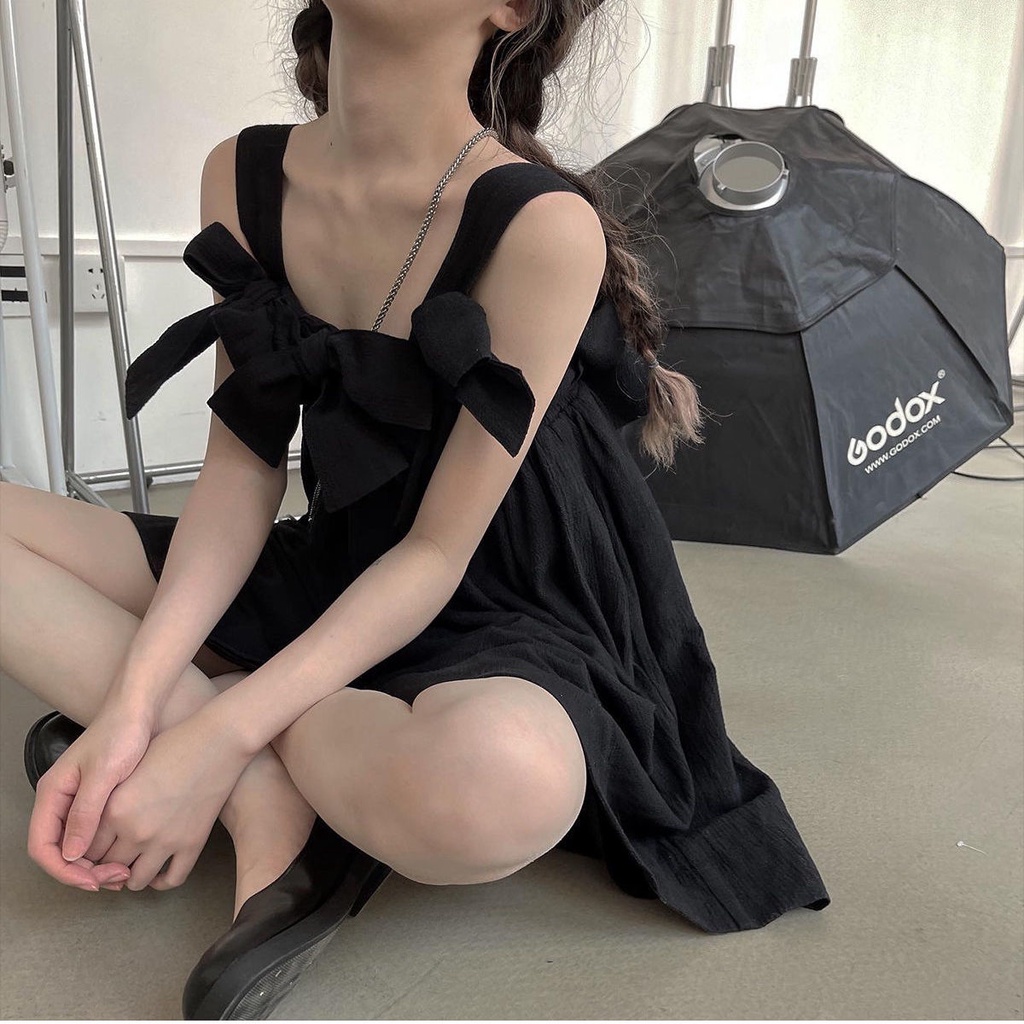 [Summer stock] thin white sling dress bow skirt princess dress A-line skirt