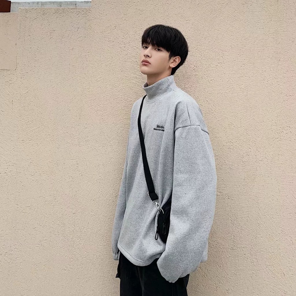 Áo len vải cashmere dáng dài phong cách thời trang cho nam giới Áo Nỉ Tay Dài Cổ Lọ In Chữ Nhiều Cỡ Lớn M-2XL