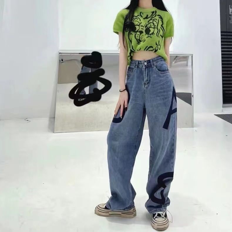 American street High Street AB style letter jeans women's summer loose high waist slimming straight wide leg mop pants trendy M5tV