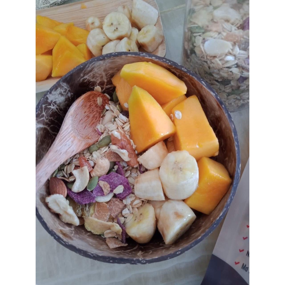 Combo Bát chén gáo dừa và muỗng dùng để ăn sữa chua salad ngũ cốc granola