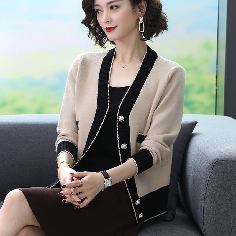 Áo len mùa xuân và thu khoác ngắn trên cùng mẹ trung niên dài tay cho phụ nữ
