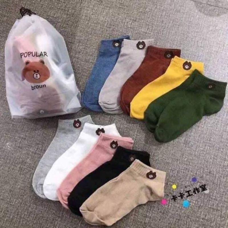 Combo 10 Đôi Tất Gấu Cổ Ngắn Họa Tết Brown Tặng Kèm Túi Đựng - Tất 4 mùa