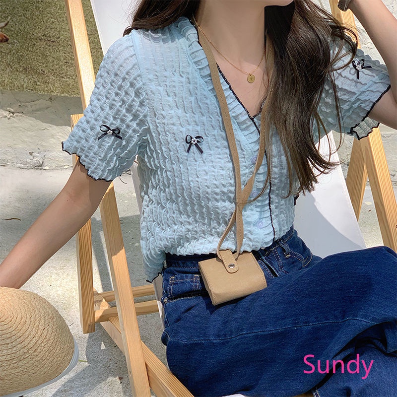 Áo Sơ Mi Ngắn Tay Cổ V Thắt Nơ Phong Cách Phương Tây Thời Trang Mùa Hè Dành Cho Nữ