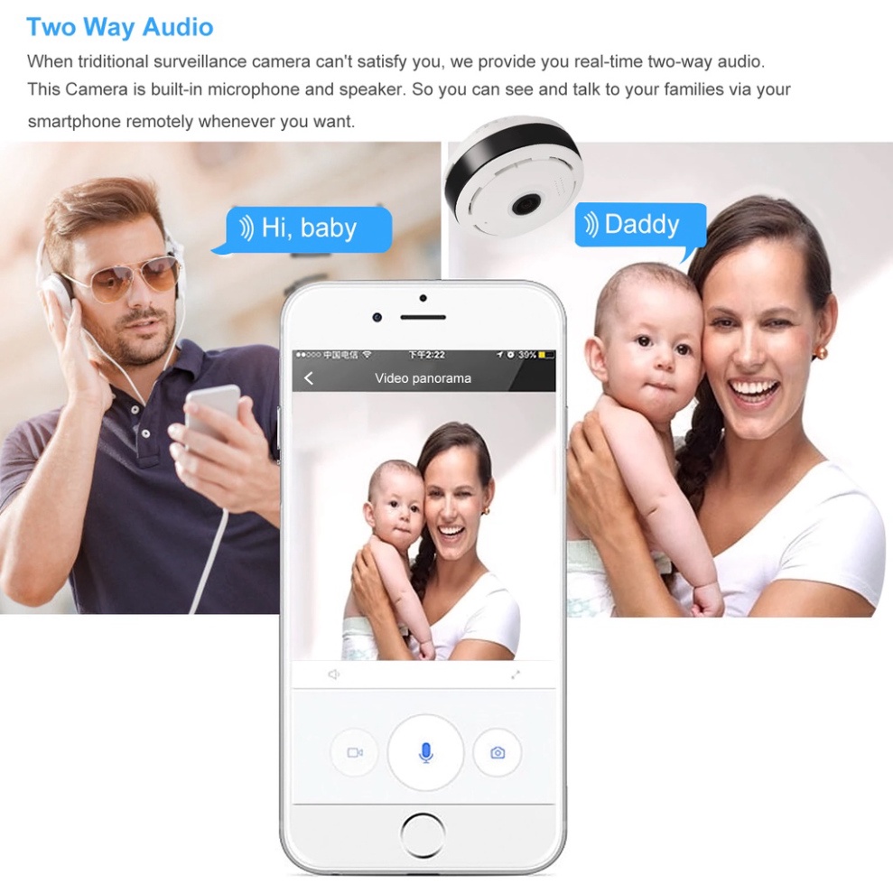 Camera giám sát Camera V380 độ phân giải 1080P quay 360 độ, nhỏ gọn sử dụng wifi - Có micro vs loa nói chuyện từ xa.