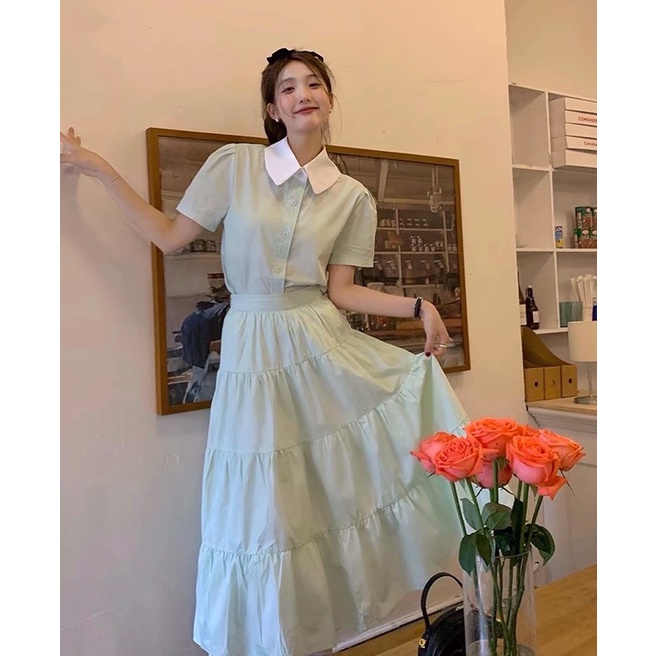 Set áo sơ mi + chân váy midi màu xanh mint